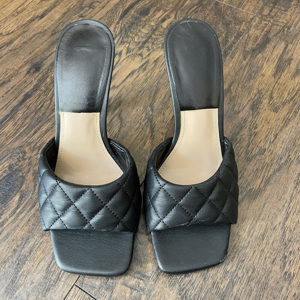Women’s Square Toe Quilted Heel Mule Black Faux Leather Sz 8